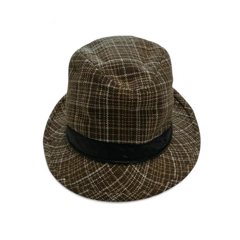 Unbranded Fedora Hat Mens 57cm Brown Plaid Excellent Black Ribbon Band